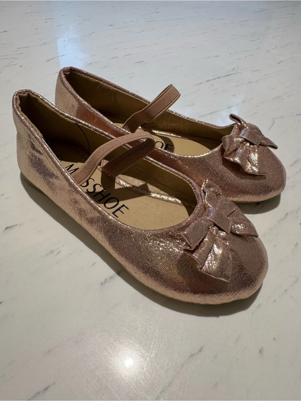 Girls Shimmery Rose Gold Ballet Flats with Bow